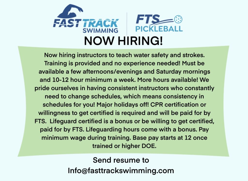 Now hiring instructors to teach water safety and strokes.
