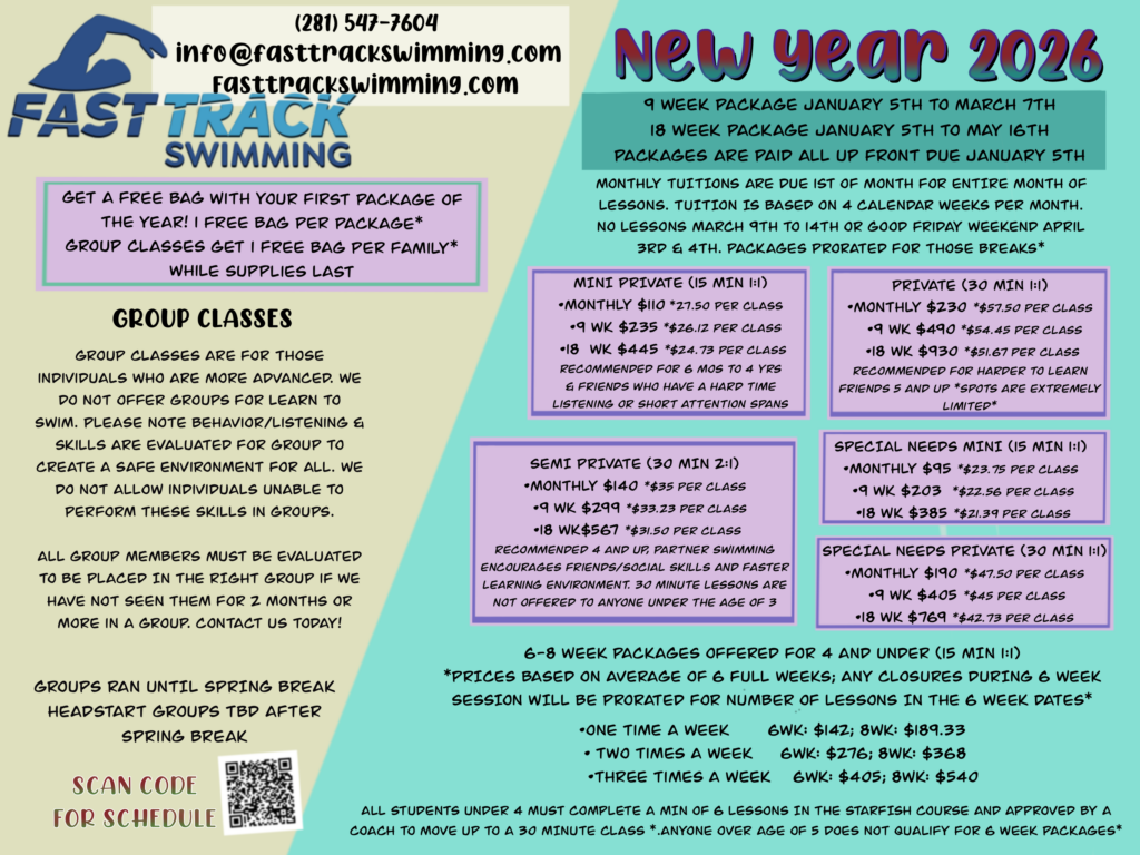 New Year dates and pricing information. Reach out to info@fasttrackswimming.com if you would like more information.