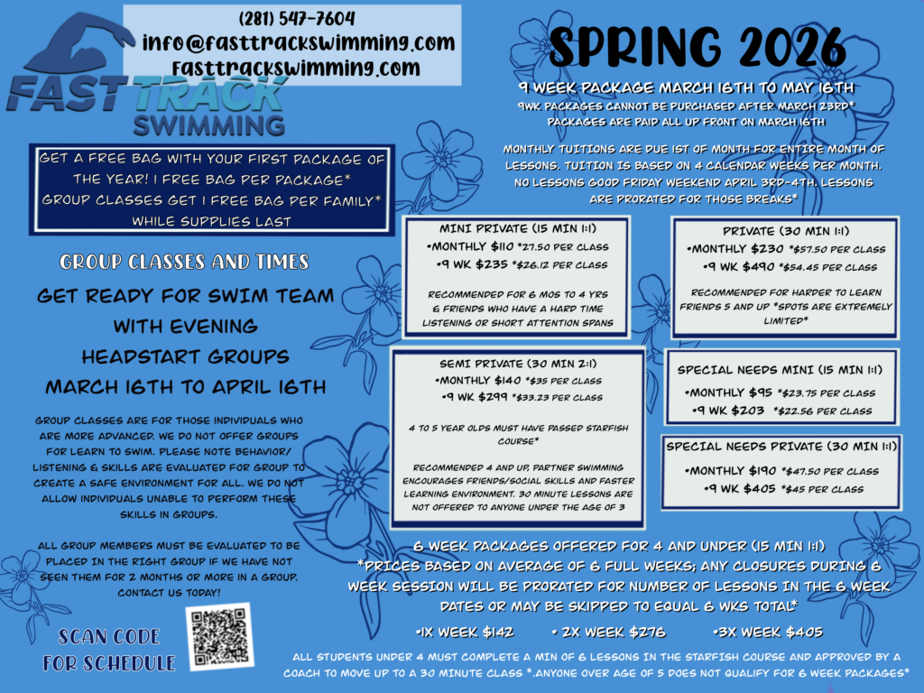 Spring dates and pricing information. Reach out to info@fasttrackswimming.com if you would like more information.
