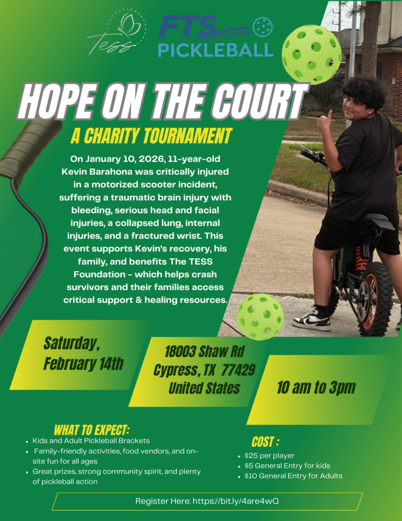 Hope On The Court, a charity tournament. On January 10, 2026, 11-year-old Kevin Barahona was critically injured in a motorized scooter incident, suffering a traumatic brain injury with bleeding, serious head and facial injuries, a collapsed lung, internal injuries, and a fractured wrist. This event supports Kevin's recovery, his family, and benefits The TESS Foundation - which helps crash survivors and their families access critical support and healing resources. Scheduled for Saturday, February 14th, from 10am to 3pm. Located at 18003 Shar Rd Cypress, TX 77429 United States. What to expect: Kids and Adult Pickleball Brackets, Family-friendly activities, food vendors, and on-site fun for all ages, great prizes, strong community spirit, and plenty of Pickleball action. Cost: $25 per player, $5 General Entry for kids. $10 General Entry for Adults.