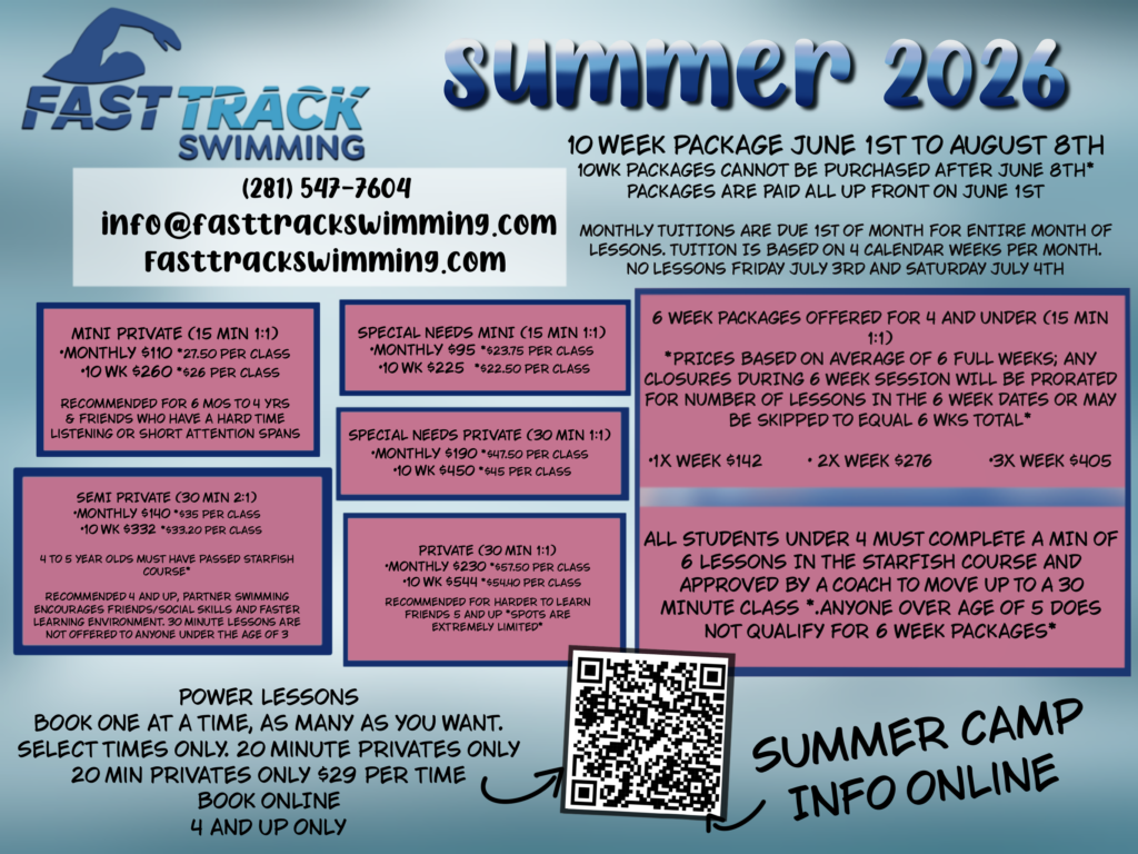 Information about the Fast Track Programs in the Summer. Contact us at 281-547-7604 or info@fasttrackswimming.com to get more information.
